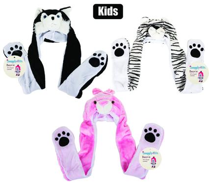 Beanie kids animal w/earflap+handpocket